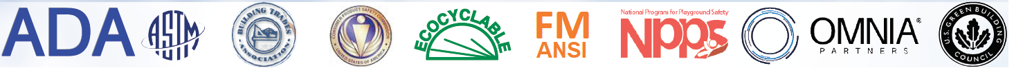 ADA, ASTM, Building Trades, CPSC, EcoCyclable, ANSI, NPPS, OMNIA, Recycling, USGBC-LEED logos ADA, ASTM, Building Trades, CPSC, EcoCyclable, ANSI, NPPS, OMNIA, Recycling, USGBC-LEED logos